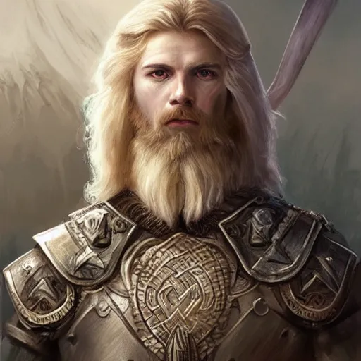 Image similar to portrait of solemn, ice-pale viking warrior with black veins and brutalist plate armor with art deco knotwork, elegant, intricate, head and upper body portrait, D&D, fantasy, highly detailed, digital painting, artstation, concept art, sharp focus, illustration, art by artgerm and greg rutkowski and alphonse mucha