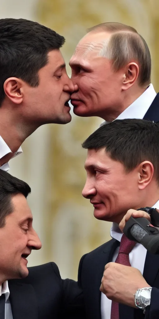 Image similar to Vladimir Putin open mouth kissing Volodymyr Zelenskyy