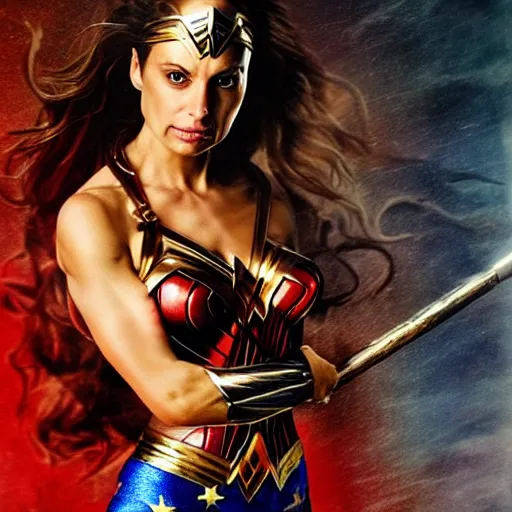 Image similar to trish stratus as wonder woman, artstation hall of fame gallery, editors choice, #1 digital painting of all time, most beautiful image ever created, emotionally evocative, greatest art ever made, lifetime achievement magnum opus masterpiece, the most amazing breathtaking image with the deepest message ever painted, a thing of beauty beyond imagination or words, 4k, highly detailed, cinematic lighting