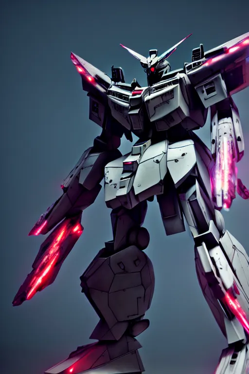 Prompt: hyper detailed 8 k cinematic still, rendering with volumetric lightning and ray tracing, show case of a skinny full body aggressive armored core gundam from movie, weathering armor plating, decipticon armor plating, aggressive head, endoekeleton exposure