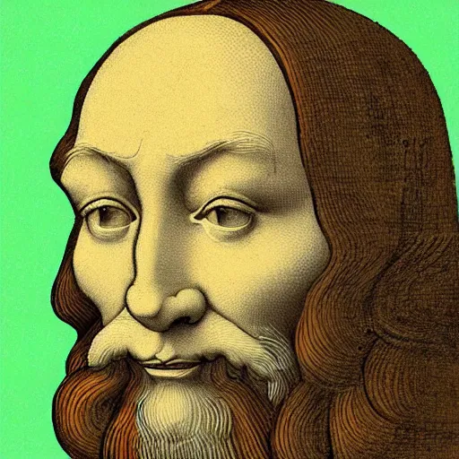 Image similar to portrait of leonardo da vinci in simple green background in the style of japanese cartoon and japanese wood print