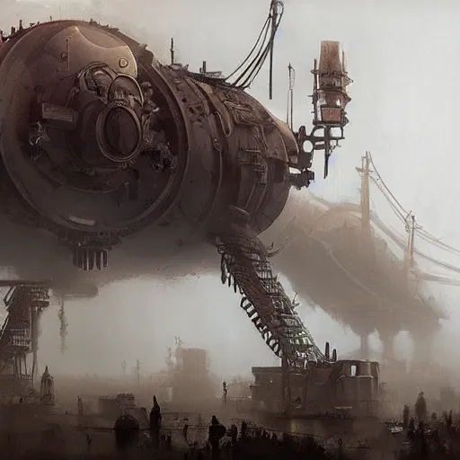 Image similar to gigantic steampunk machine, dense fog, trending on artstation, jakub rozalski