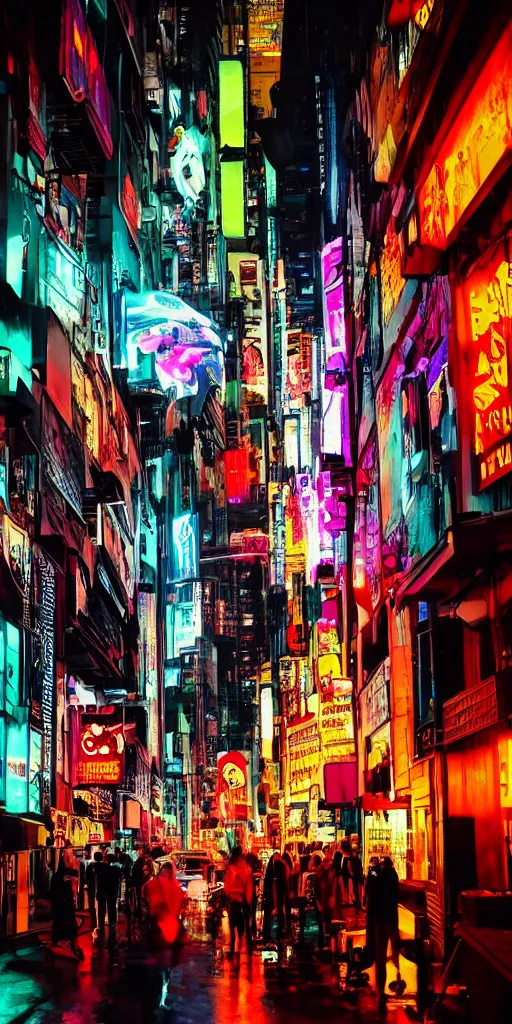 Image similar to cyberpunk city at night, night clubs and neons, rain, camera above roofs, girl under lantern