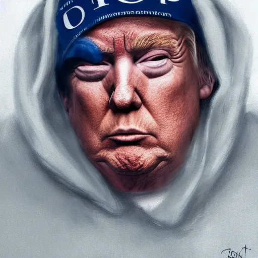 Image similar to donald trump wearing hood, ( eos 5 ds r, iso 1 0 0, f / 8, 1 / 1 2 5, 8 4 mm, postprocessed, crisp face, facial features ), art by greg rutkowski