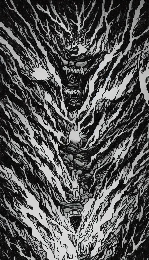 Prompt: a storm vortex made of many demonic eyes and teeth over a forest, by hajime isayama