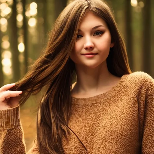 Image similar to real life photo of a beautiful girl, full body photoshoot, long brown hair, brown eyes, full round face, short smile, belly free, brown sweater, forest setting, cinematic lightning, medium shot, mid - shot, highly detailed, trending on artstation, unreal engine 4 k, 8 0 mm, 8 5 mm, cinematic wallpaper