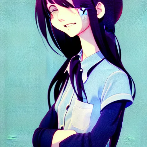 Image similar to urban school girl in shirt fanart, dark blue long hair, muted colors, matte print, pastel colors, ornate, digital art, cute smile, digital painting, fan art, elegant, pixiv, by Ilya Kuvshinov, by Studio Ghibli