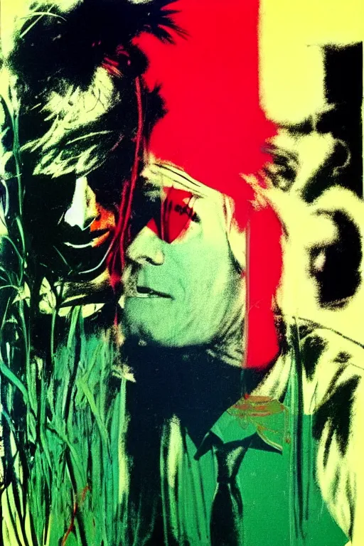 Image similar to ( ( ( ( ( a man happiness on the garden ) ) ) ) ) by andy warhol and bill sienkiewicz!!!!!!!!!!!!!!!!!!!!!!!!!!!!!!