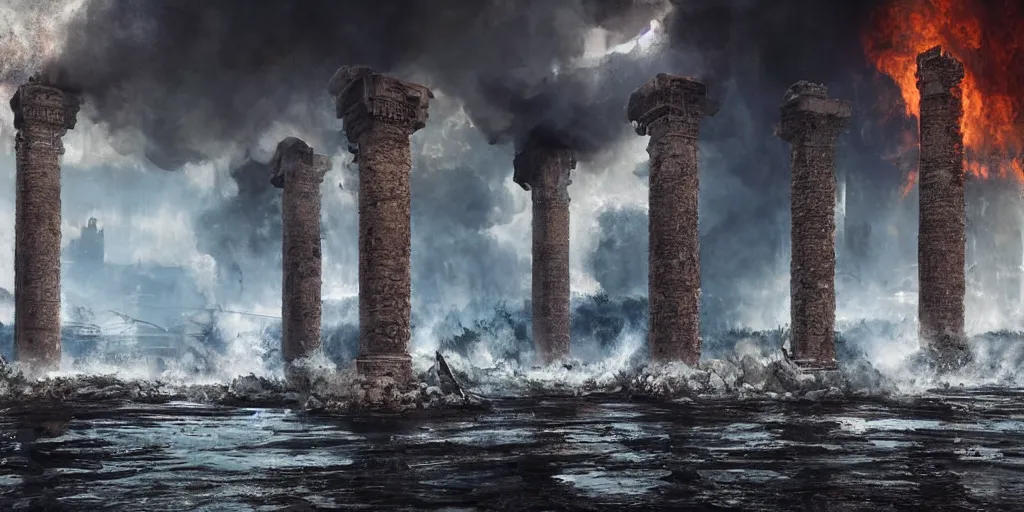 Prompt: big crumbling pillars over raging turbulent waters, conflagration in the background a lot of fire, hyper realistic, highly detailed, digital art, apocalyptic, intimidating lighting, raytracing, sharp focus, smooth, romanticism