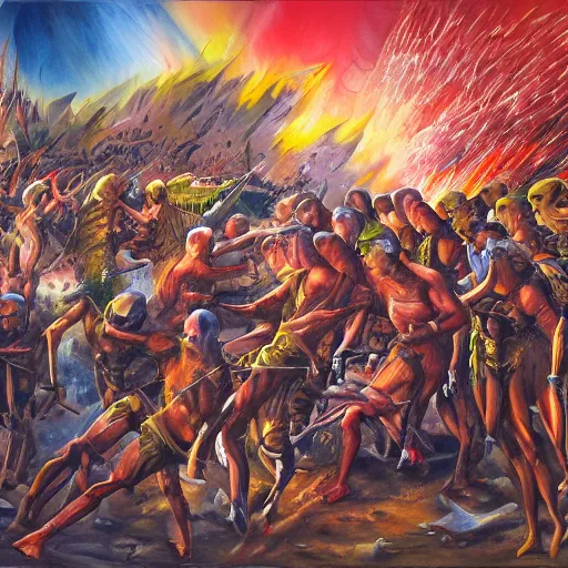 Prompt: time lapse with futuristic human in war with prehistoric humans, acrylic painting, highly detailed, explosion of color, sharp focus, unrealistic