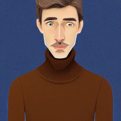 Image similar to gangly man with short light brown wavy hair, light brown stubble thin beard, no mustache, English heritage, blue eyes, middle aged, wearing a turtleneck and jacket, pale skin, narrow face, digital art, painterly, cartoon, cute, 8k, illustration, art by loish, painterly, trending on artstation, medium shot, uncropped