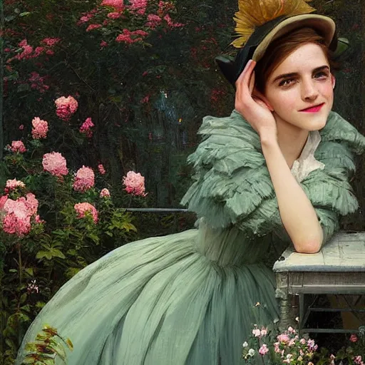 Image similar to laughing thick paint brush strokes full body fashion model emma watson by Jeremy Lipking by Hasui Kawase by Richard Schmid (((smokey eyes makeup eye shadow fantasy, glow, shimmer as victorian woman in a long white frilly lace dress and a large white hat having tea in a sunroom filled with flowers, roses and lush fern flowers ,intricate, night, highly detailed, dramatic lighting))) , high quality