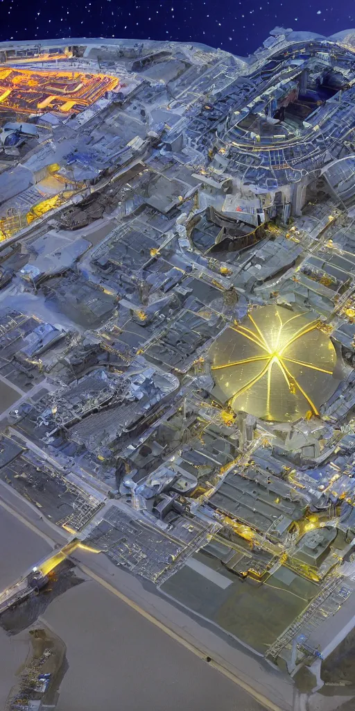 Image similar to controllable nuclear fusion power station built on the beach, bright lights, starry night, waves beating against the berm, high - tech, 8 k, high detail.