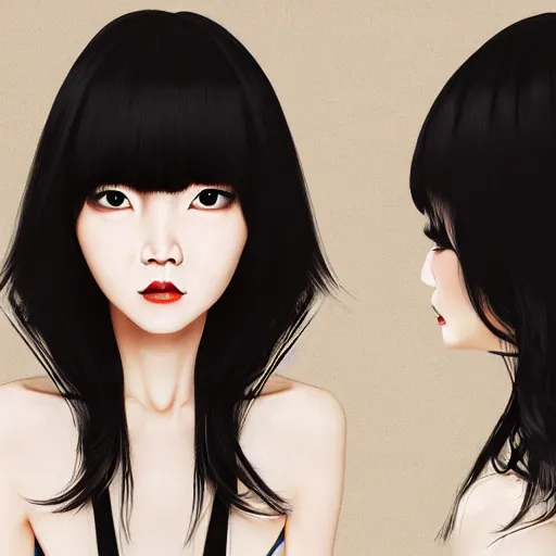 Image similar to portrait of a beautiful korean girl wearing a men's tuxedo, with long hair and bangs, angular features, angry expression, digital art, elegant pose, detailed illustration