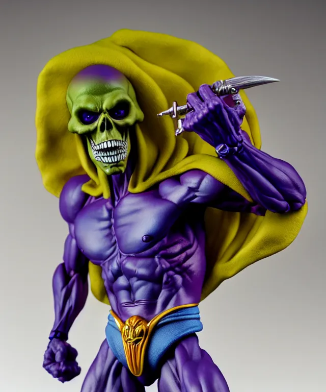 Prompt: hyperrealistic rendering, skeletor, by art of skinner and richard corben and jeff easley, product photography, action figure, sofubi, studio lighting, colored gels