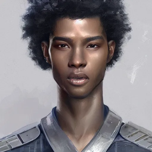 Image similar to portrait of a man by greg rutkowski, he is about 2 0 years old, mixture between afroamerican and japanese, afro hair, young, very tall and slender, he is wearing a futuristic police gear, highly detailed portrait, digital painting, artstation, concept art, smooth, sharp foccus ilustration, artstation hq