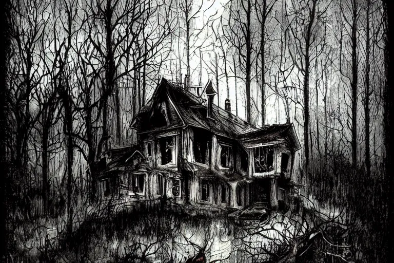 Image similar to mad horror painting of a futuristic alien witch house in the woods by ben templesmith