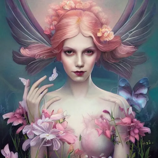 Image similar to symmetry!! a pink beautiful fairy with large wings and flowing hair is exploring her flower garden, style of tom bagshaw, extremely detailed, muted colors, negative space