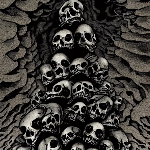 Prompt: vertical pile of 3 skulls vomiting black tar, collective hive mind by tarkofsky