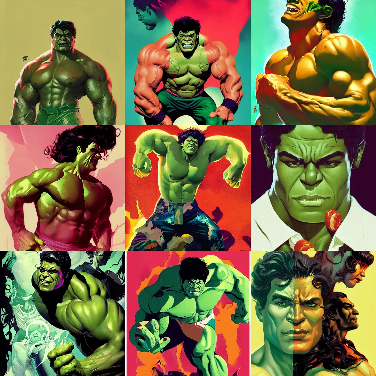 Image similar to the incredible hulk, style of Sachin Teng + Karol Bak + Rolf Armstrong