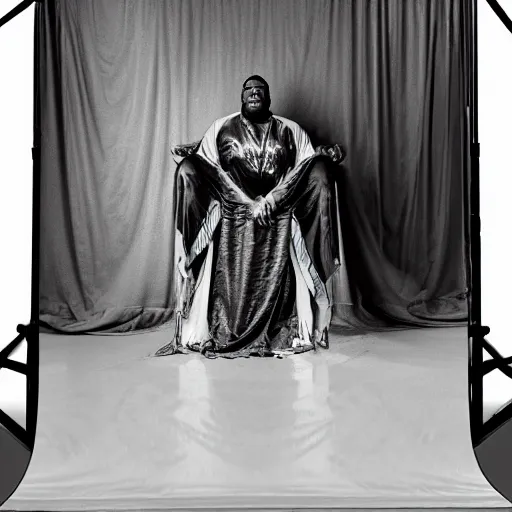 Image similar to Large black man sitting on throne wrapped in silk, background made of large folding curtains, dark, hyper detailed, hyper realistic, 8K phot realistic, black and white color, dimly lit, dark,