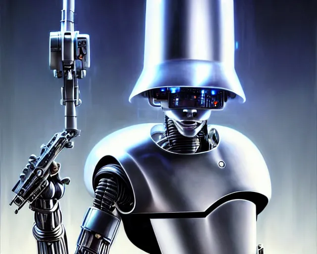 Image similar to beautiful fantasy character portrait, the terminator robot, wearing black bucket hat with white fur coat, futuristic chrome, ultra realistic, dramatic lighting, droids, the fifth element artifacts, highly detailed by peter mohrbacher, hajime sorayama, wayne barlowe, boris vallejo, aaron horkey, gaston bussiere, craig mullins