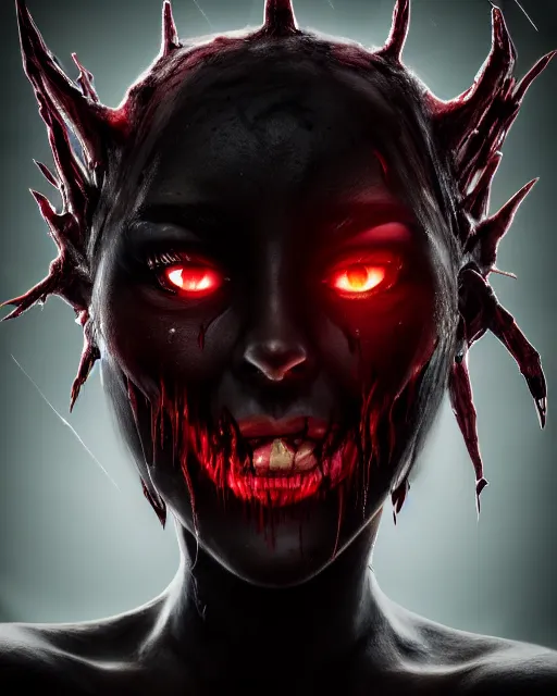 Prompt: beautiful headshot of the psychotic nightmare queen, bleeding eyes, melting features, black sclera, realistic render, unreal engine, cgsociety, trending on deviantart, cinematic lighting, highly detailed