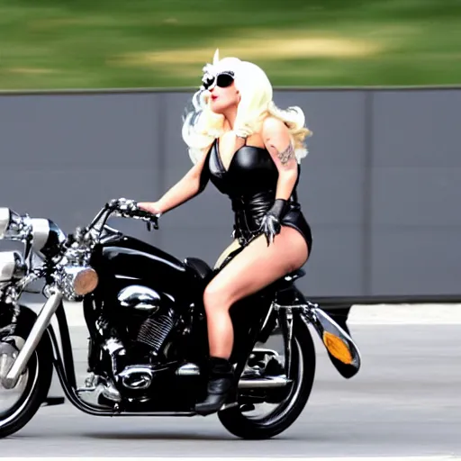 Prompt: Lady Gaga riding a motorcycle