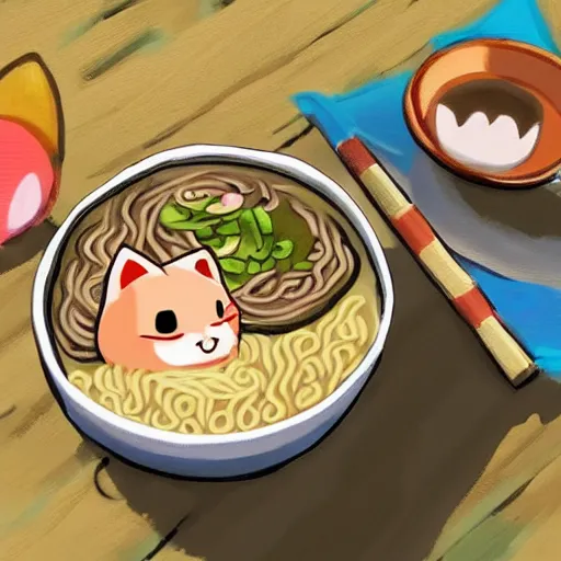 Image similar to Cute kawaii cat eating a bowl of ramen in The Legend of Zelda Breath of the Wild, toon shading, npr