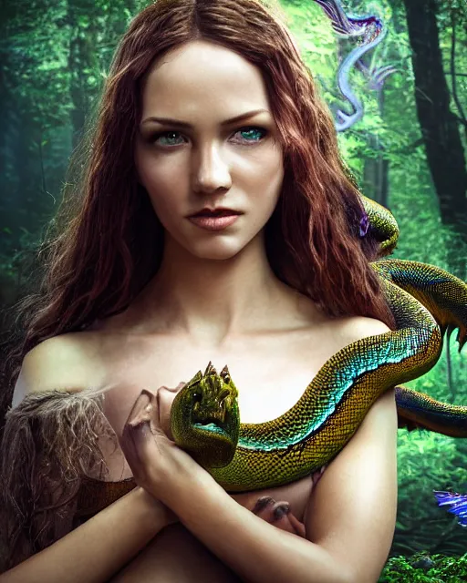 Image similar to portrait high definition photograph beautiful woman holding a dragon fantasy character art, hyper realistic, pretty face, hyperrealism, iridescence water elemental, snake skin armor forest dryad, woody foliage, 8 k dop dof hdr fantasy character art, by aleski briclot and alexander'hollllow'fedosav and laura zalenga