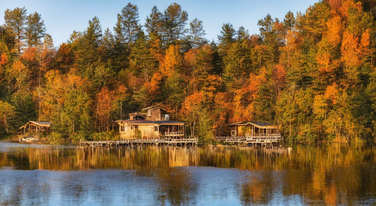 Image similar to a autumn forest, with a rustic house in front of a lake, at sunrise, with a pier from the house that leads to the lake