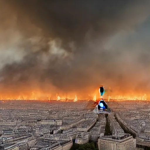 Image similar to a panoramic photo of paris during apocalypse, fire, fumes, 4 k, high quality, artstation