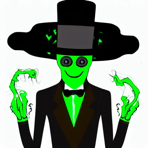 Prompt: tall, skinny, four - armed evil alien voodoo doctor wearing a black neon green tuxedo and top hat