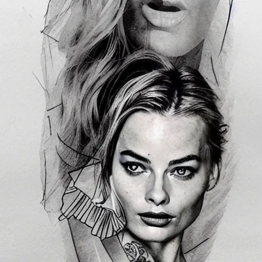 Prompt: double exposure tattoo design sketch of beautiful mountain scenery as margot robbie face, in the style of matteo pasqualin, amazing detail