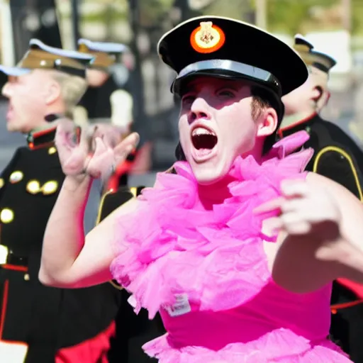 Prompt: a marine screaming while wearing a pink tutu