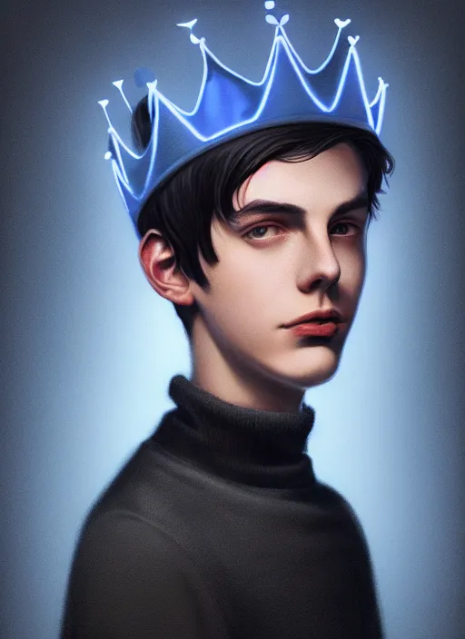 Image similar to portrait of teenage jughead jones wearing a light grey crown, crown, blue turtleneck, closed eyes, photorealistic, black hair, glowing lighting, intricate, elegant, glowing lights, highly detailed, digital painting, artstation, concept art, smooth, sharp focus, illustration, art by wlop, mars ravelo and greg rutkowski