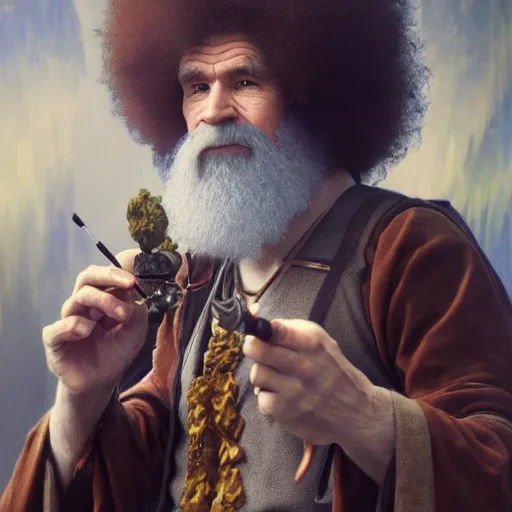 Image similar to an ultra detailed magic the gathering card of bob ross smoking a pipe and dressed as a fantasy druid, d & d, epic fantasy, concept art by alphonse mucha and greg rutkowski, octane render, 8 k, detailed face