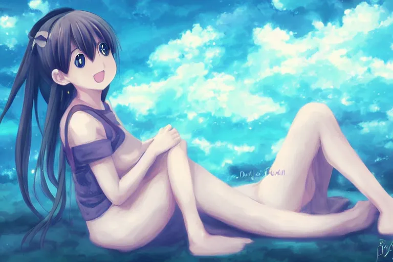 Image similar to a cute anime girl sitting on a cloud, digital painting, anime, portrait