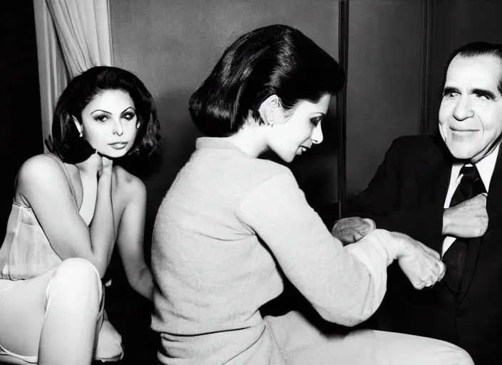 Prompt: Morena Baccarin and Richard Nixon doing Heroin, photograph by Harry Benson, 4K Studio photo
