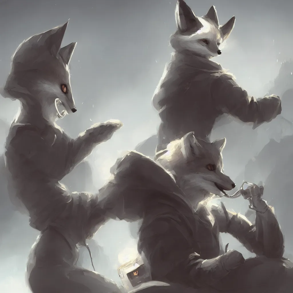 Image similar to an anthropomorphic fox wearing a hoodie and anonymous mask and sitting in front of a portable black computer, white background, concept art, digital painting, highly detailed, style by jordan grimmer and greg rutkowski, illustration