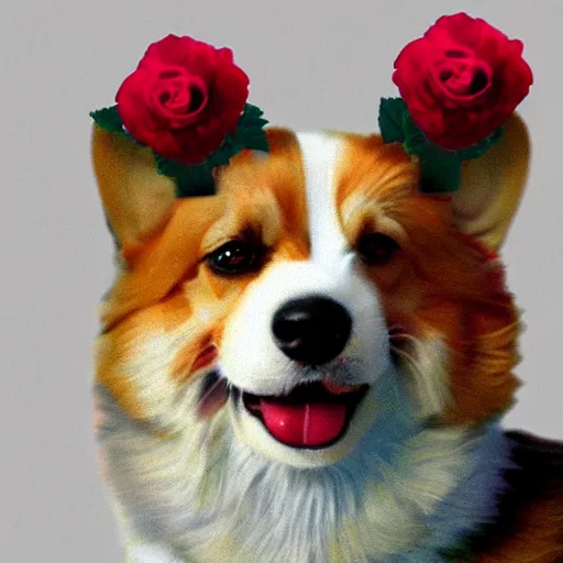 Image similar to A corgi with a crown made out of roses, artstation, highly detailed, digital art