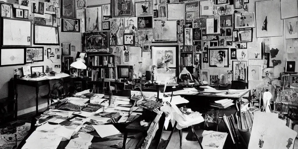 Image similar to a writer's room, lots of screens and cinema, super cinematic, detailed, wonderful creative, by charles addams and hilma af klint and affandi