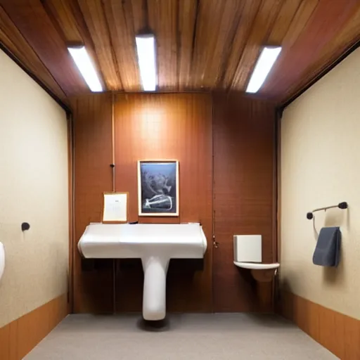 Prompt: mid-century modern toilet with leather seat designed by Charles and Ray Eames, as a museum exhibit