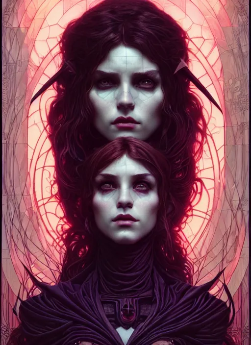 Image similar to satanist perfect girl portrait, intricate artwork by josan gonzalez, artgerm, tom bagshaw, kilian eng, alphonse mucha, zdizslaw beksinski, very coherent artwork, cinematic, syntwave, noir gothic cyberpunk, octane render, unreal engine, 8 k, high contrast