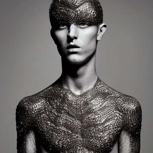 Prompt: a beautiful young male wearing iris van herpen, photographed by erwin olaf