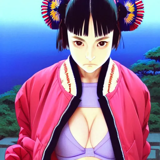 Image similar to a beautiful japanese natalie portman gravure model, wearing oversized native designer bomber jacket and leotard, bulky poofy bomber jacket with mesoamerican patterns, mesoamerican native street fashion, gapmoe yandere grimdark, trending on pixiv fanbox, painted by greg rutkowski makoto shinkai takashi takeuchi studio ghibli, akihiko yoshida