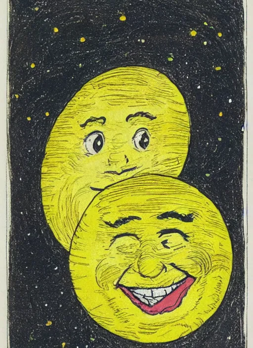 Prompt: candid portrait of a yellow happy moon with a face, illustrated by peggy fortnum and beatrix potter and sir john tenniel