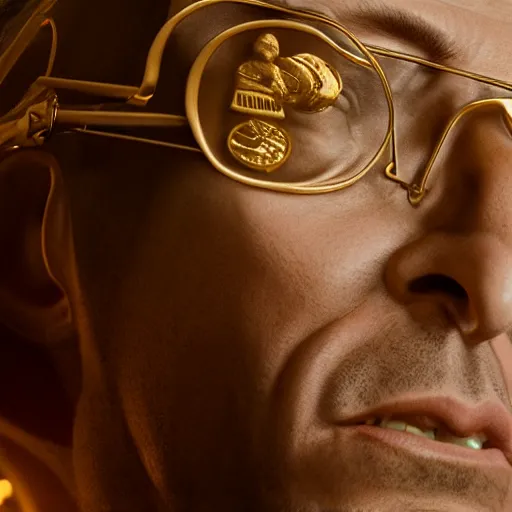 Image similar to hyperrealistic dslr film still of jeff goldblum on gold doubloon, stunning 8 k octane comprehensive 3 d render, inspired by istvan sandorfi & greg rutkowski & unreal engine, perfect symmetry, dim volumetric cinematic lighting, extremely hyper - detailed, incredibly real lifelike attributes & flesh texture, intricate, masterpiece, artstation, stunning