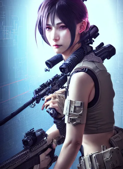 Image similar to the portrait of lawful neutral female cyberpunk marine sniper as absurdly beautiful, gorgeous, elegant, young gravure idol, an ultrafine hyperdetailed illustration by kim jung gi, irakli nadar, intricate linework, bright colors, octopath traveler, final fantasy, unreal engine 5 highly rendered, global illumination, radiant light, detailed and intricate environment