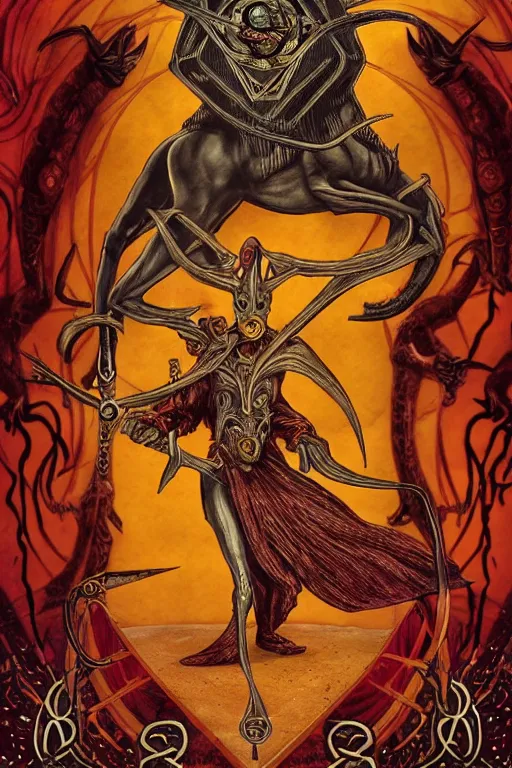 Prompt: A reimagining of the Rider–Waite tarot card The devil, steeped in occult symbols of power and authority, surreal horror motif, control dominion theme, detailed matte painting, digital illustration, global illumination, 8k resolution, face, short leg, long torso, low shoulder, long arm, asymmetric face, beautiful colors, occult symbols hidden, on old amber paper, RPG portrait, dynamic lighting